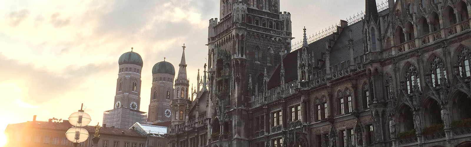Detailed view of the large cathedral in Munich. It has gothic architecture with intricate detailing.
